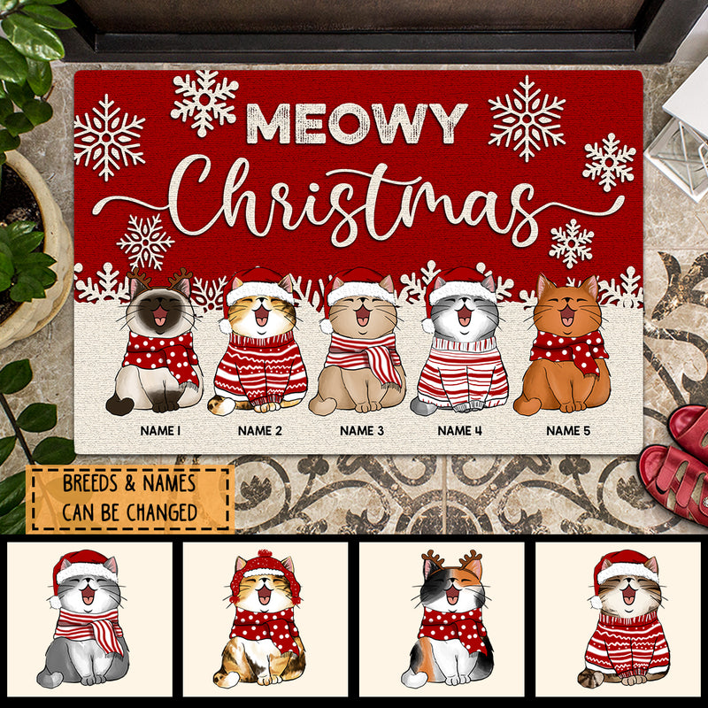 Christmas Custom Doormat, Gifts For Cat Lovers, Meowy Christmas Red Wooden White Snowflake Holiday Doormat