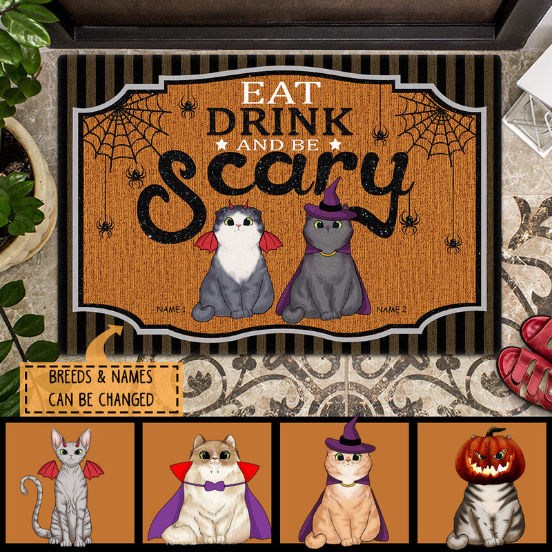 Halloween Custom Doormat, Gifts For Cat Lovers,Eat Drink And Be Scary Black And Gray Striples Holiday Doormat