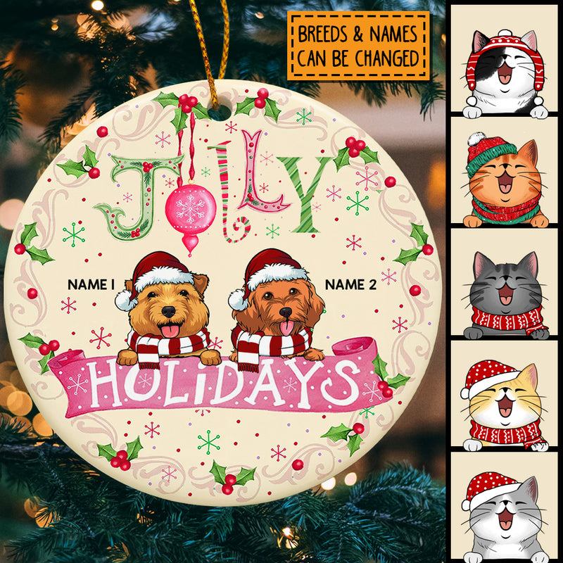 Jolly Holidays Pink Banner Beige Color Circle Ceramic Ornament - Personalized Dog Lovers Decorative Christmas Ornament