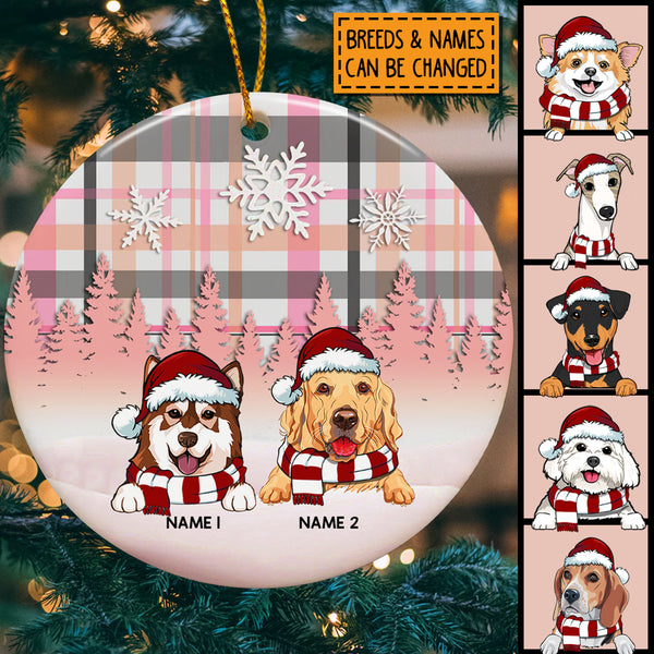 Personalised Dog In Snow Pink Plaid Circle Ceramic Ornament - Personalized Dog Lovers Decorative Christmas Ornament