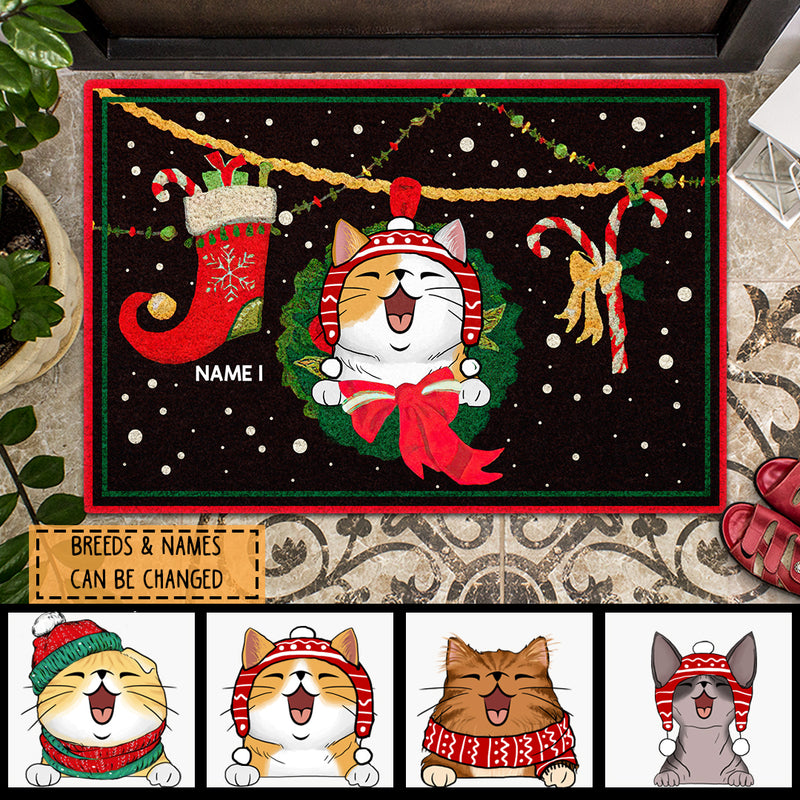 Christmas Personalized Doormat, Gifts For Cat Lovers, Cat In Wreath With Xmas Stocking And Candy Holiday Doormat