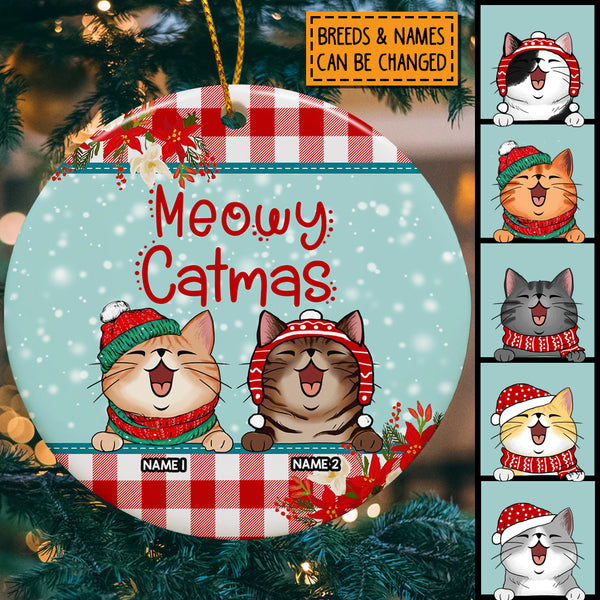 Meowy Catmas, Winter Snow, Flower & Buffalo Plaid Circle Ceramic Ornament, Personalized Christmas Cat Breeds Ornament