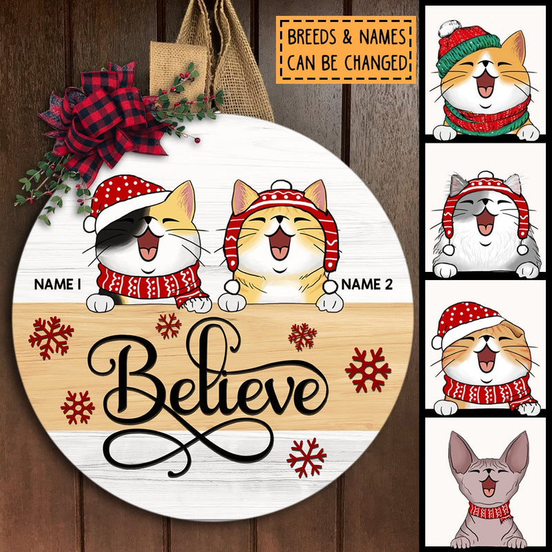Christmas Door Decorations, Gifts For Cat Lovers, Believe White & Yellow Background Welcome Door Signs , Cat Mom Gifts