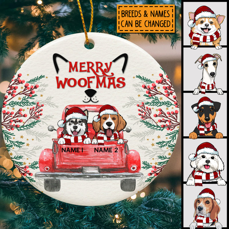 Merry Woofmas, Red Truck Circle Ceramic Ornament, Personalized Dog Breeds Ornament, Dog Lovers Gifts