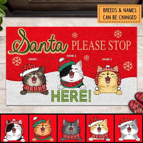 Christmas Personalized Doormat, Gifts For Cat Lovers, Santa Please Stop Here Front Door Mat