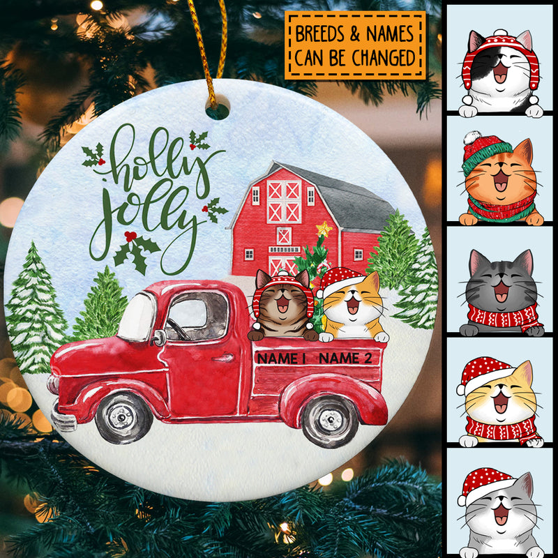 Personalised Holly Jolly Red Truck Circle Ceramic Ornament - Personalized Cat Lovers Decorative Christmas Ornament