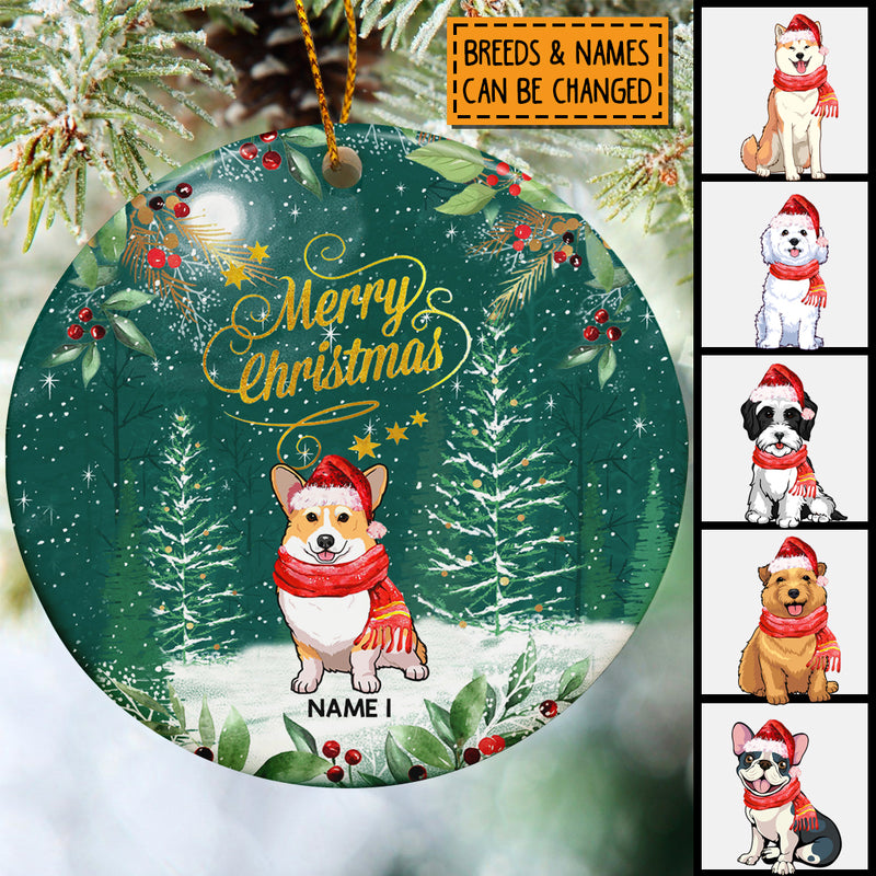 Merry Christmas Pine Green Sky With Snow Circle Ceramic Ornament - Personalized Dog Lovers Decorative Christmas Ornament