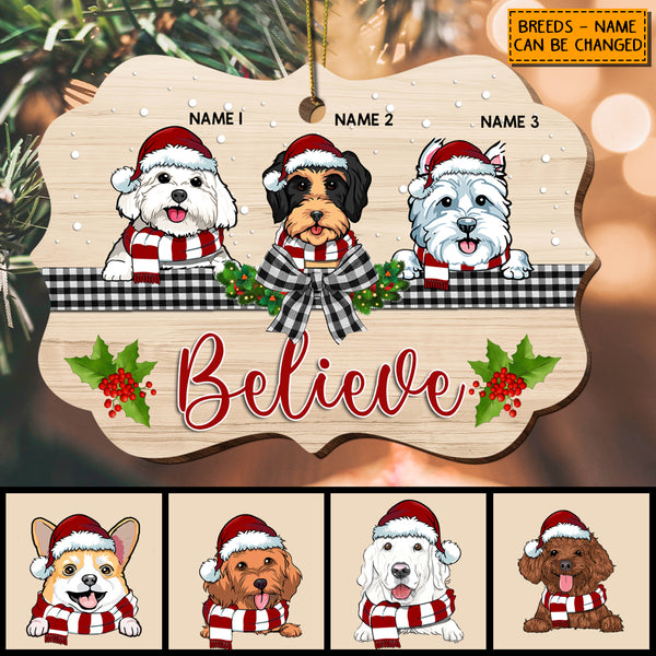 Believe Plaid Bow Pale Wooden Ornate Shaped Wooden Ornament - Personalized Dog Lovers Decorative Christmas Ornament