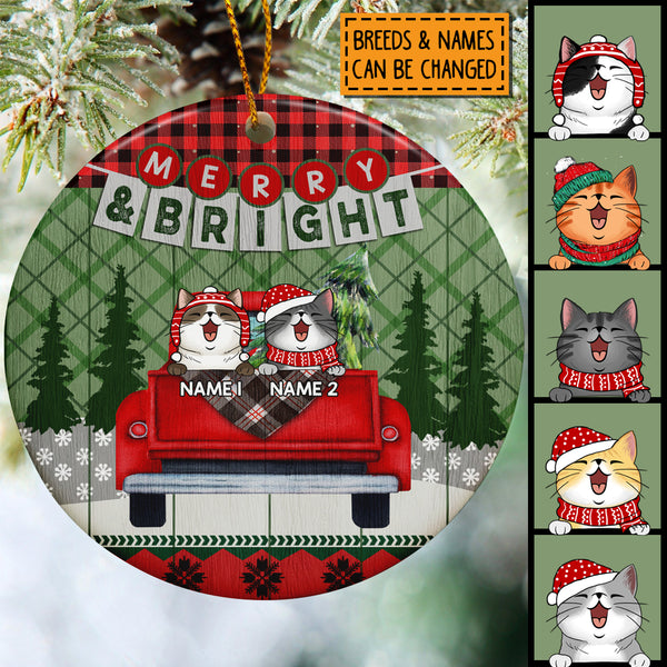 Merry And Bright Red & Green Plaid Circle Ceramic Ornament - Personalized Cat Lovers Decorative Christmas Ornament