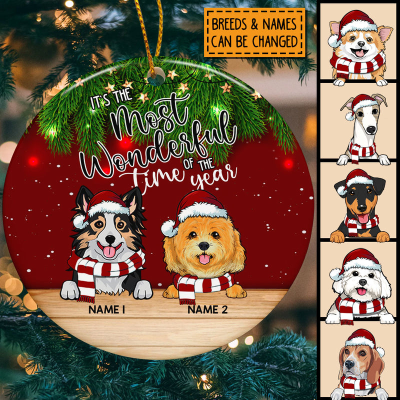 Most Wonderful Time Of The Year Red Circle Ceramic Ornament - Personalized Dog Lovers Decorative Christmas Ornament