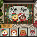 Christmas Personalized Doormat, Gifts For Cat Lovers, Bless This Home Green Red Plaid Holiday Doormat