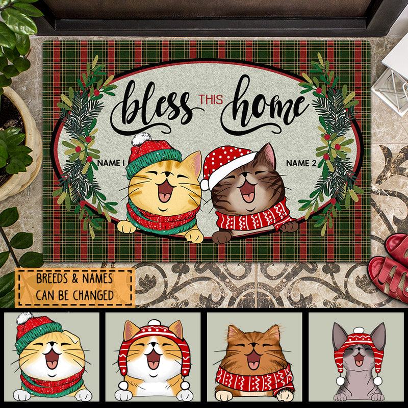 Christmas Personalized Doormat, Gifts For Cat Lovers, Bless This Home Green Red Plaid Holiday Doormat