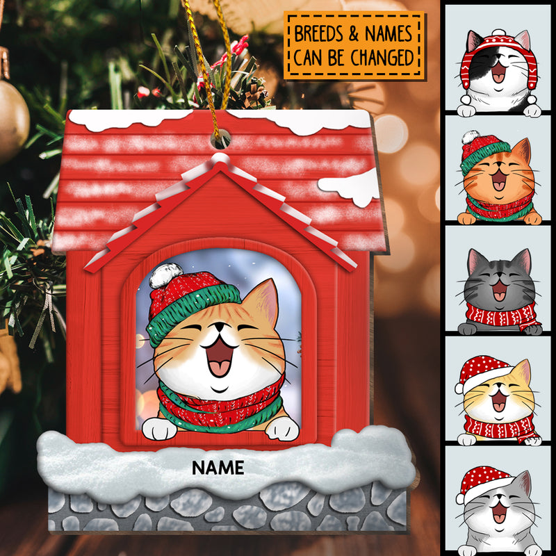 Personalised Cat In Red House Shaped Wooden Ornament - Personalized Cat Lovers Decorative Christmas Ornament