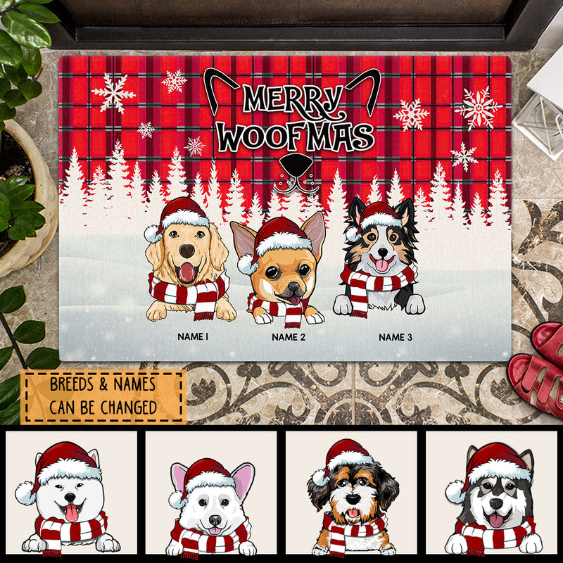 Christmas Custom Doormat, Gifts For Dog Lovers, Merry Woofmas Red Plaid White Snowflake Holiday Doormat