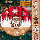 Personalised Peeking Dog Red Plaid Xmas Circle Ceramic Ornament - Personalized Dog Lovers Decorative Christmas Ornament