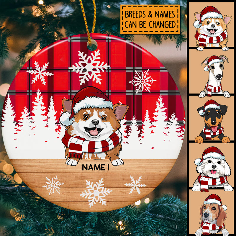 Personalised Peeking Dog Red Plaid Xmas Circle Ceramic Ornament - Personalized Dog Lovers Decorative Christmas Ornament