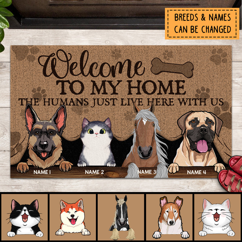 Pawzity Welcome To Our Home Personalized Doormat, Gifts For Pet Lovers, Horse Peeking From Curtain Front Door Mat