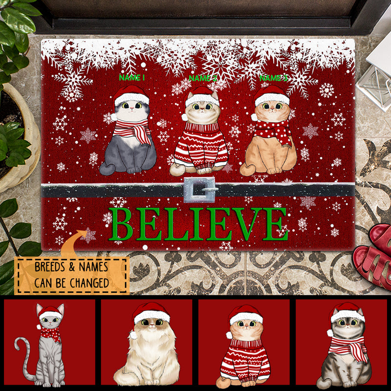 Christmas Personalized Doormat, Gifts For Cat Lovers, Believe Cats In Snow Holiday Doormat