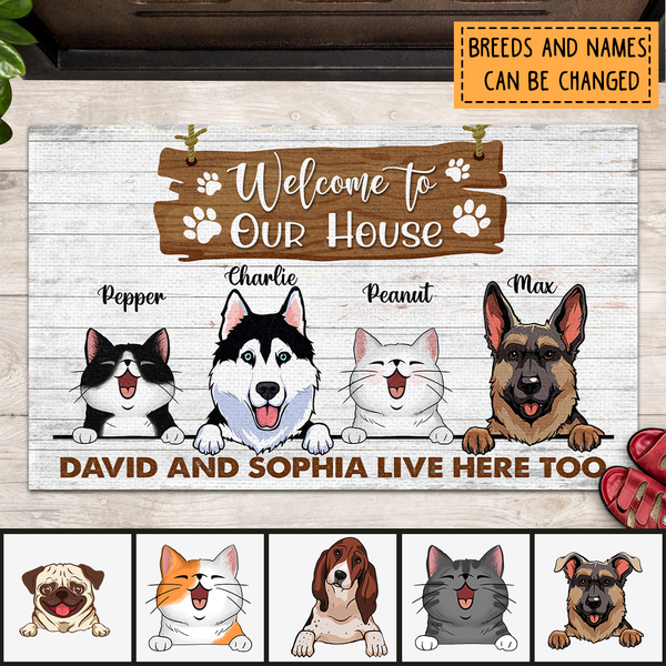 Pawzity Welcome To Our Home Custom Doormat, Gifts For Pet Lovers, The Humans Live Here Too Front Door Mat