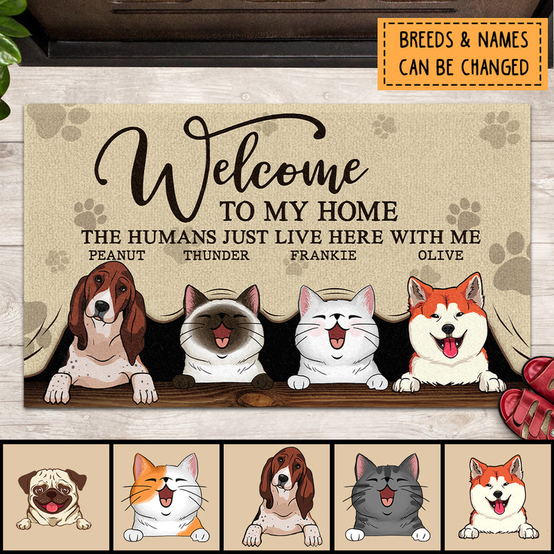 Pawzity Welcome To Our Home Personalized Doormat, Gifts For Pet Lovers, Pet Peeking From Curtain Front Door Mat