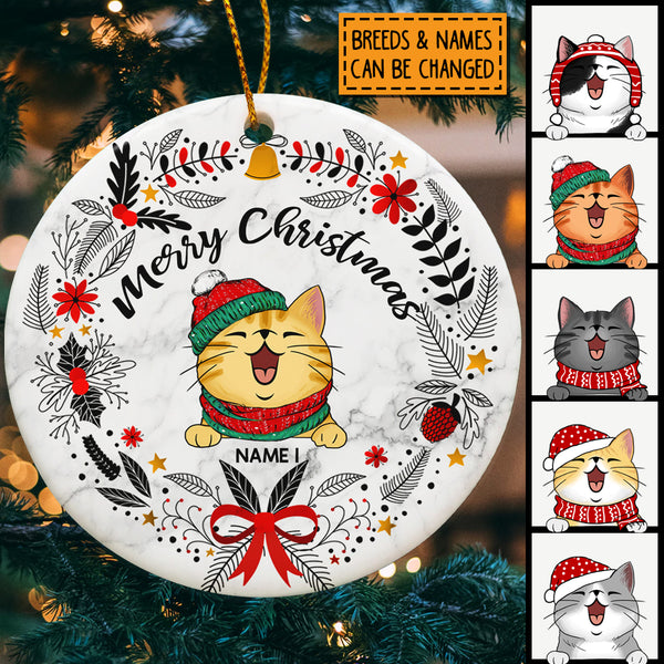 Personalised Merry Xmas White Marble Circle Ceramic Ornament - Personalized Cat Lovers Decorative Christmas Ornament