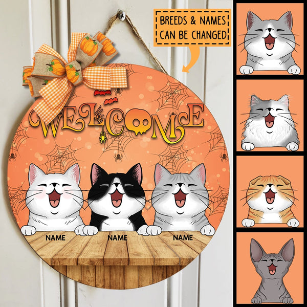 Halloween Welcome Sign For Front Door, Halloween Decorations For Cat Lovers, Orange Custom Wooden Signs , Cat Mom Gifts
