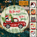 Most Wonderful Time Old Green Wooden Circle Ceramic Ornament - Personalized Cat Lovers Decorative Christmas Ornament