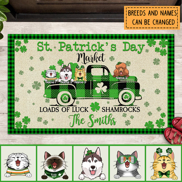 St. Patrick's Day Personalized Doormat, Gifts For Pet Lovers, Market Loads Of Luck Shamrocks Holiday Doormat