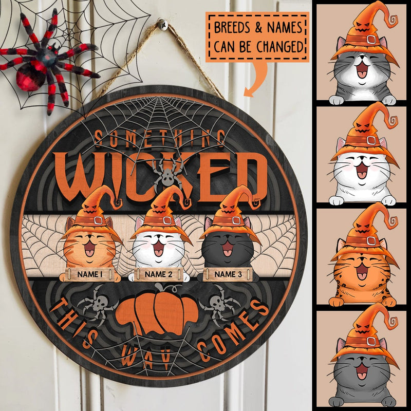 Halloween Something Wicked This Way Comes Sign, Halloween Decorations For Cat Lovers, Spiderweb Welcome Door Signs , Cat Mom Gifts