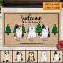 Christmas Welcome To Our Home Personalized Doormat, Gifts For Cat Lovers, Christmas Pine Trees Front Door Mat
