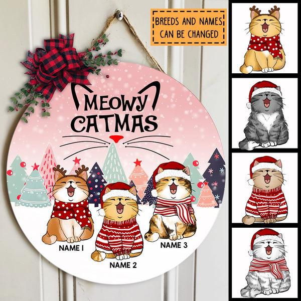 Christmas Door Decorations, Gifts For Cat Lovers, Meowy Catmas Pine Trees & Pink Background Welcome Door Signs , Cat Mom Gifts