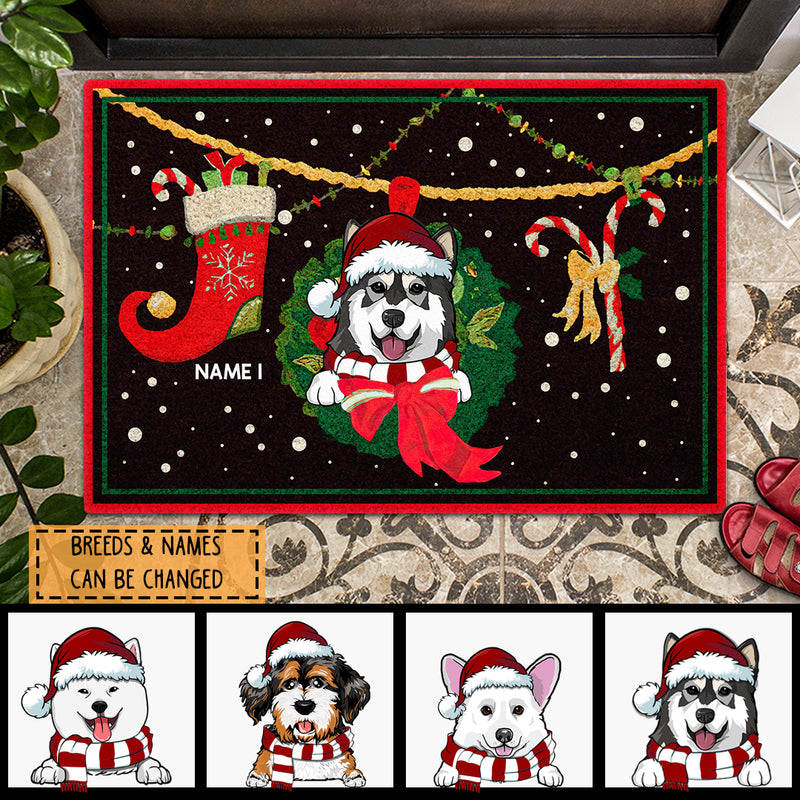 Christmas Personalized Doormat, Gifts For Dog Lovers, Dog In Wreath With Xmas Stocking And Candy Holiday Doormat