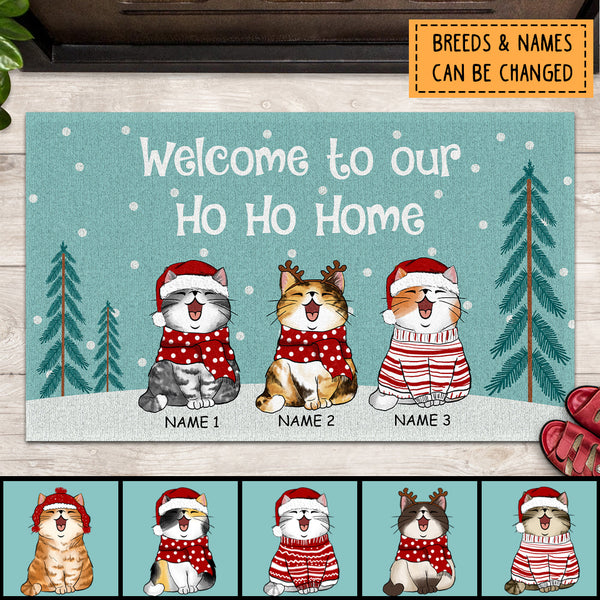 Christmas Personalized Doormat, Gifts For Cat Lovers, Welcome To Our Ho Ho Home Turquoise Pastel Front Door Mat