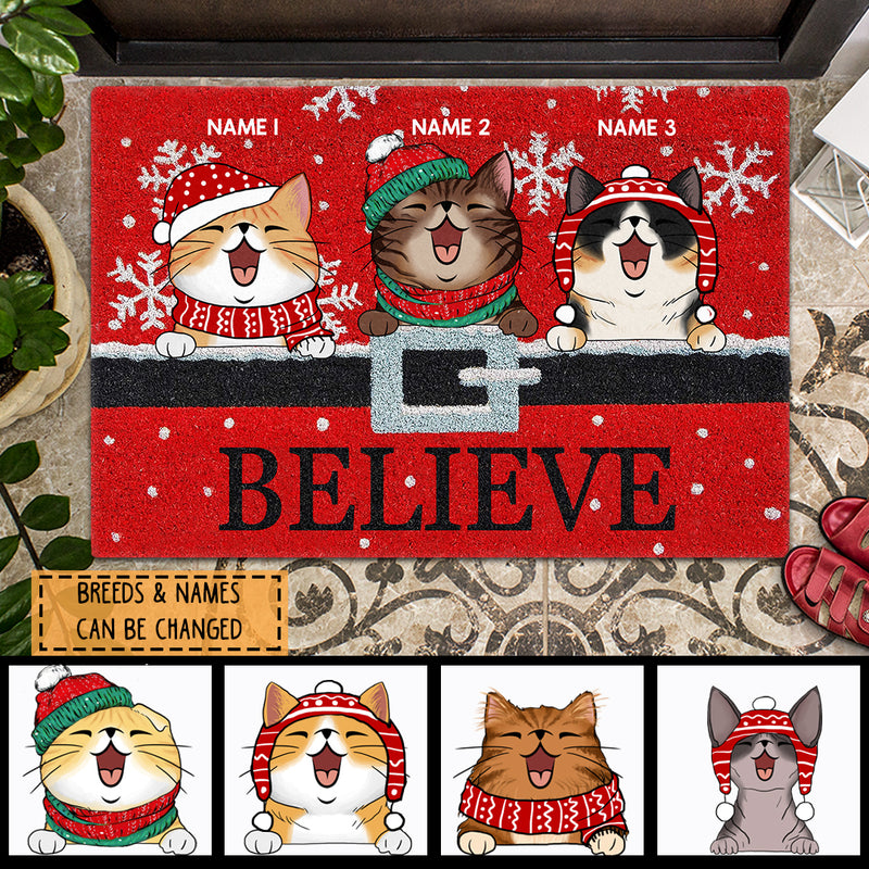 Believe  - Santa's Belt - Red Background - Personalized Cat Christmas Doormat