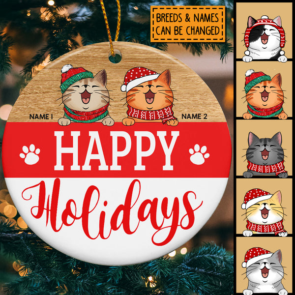 Personalised Happy Holiday Red White Circle Ceramic Ornament - Personalized Cat Lovers Decorative Christmas Ornament