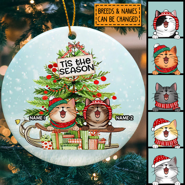 Tis The Season, Christmas Tree & Gifts Circle Ceramic Ornament, Personalized Cat Breeds Ornament