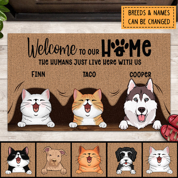 Pawzity Welcome To Our Home Welcome Mat, Gifts For Pet Lovers, Pet Peeking From Curtain Personalized Doormat