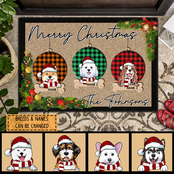 Christmas Front Door Mat, Gifts For Dog Lovers, Merry Christmas Dogs In Plaid Ball Bauble Personalized Doormat