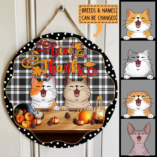 Thanksgiving Welcome Signs, Fall Gifts For Cat Lovers, White Plaid Custom Wooden Signs , Cat Mom Gifts