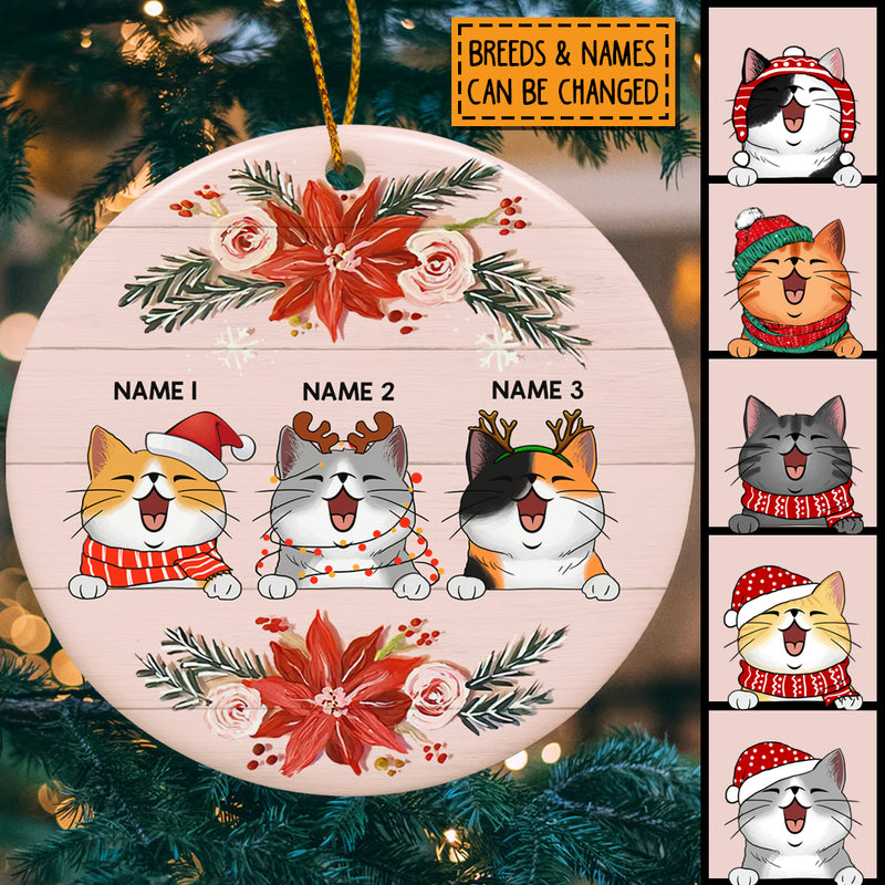 Personalised Xmas Cats On Pink Wooden Circle Ceramic Ornament - Personalized Cat Lovers Decorative Christmas Ornament