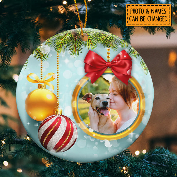 Xmas Bauble Custom Photo Blue Circle Ceramic Ornament - Personalized Dog & Cat Lovers Decorative Christmas Ornament