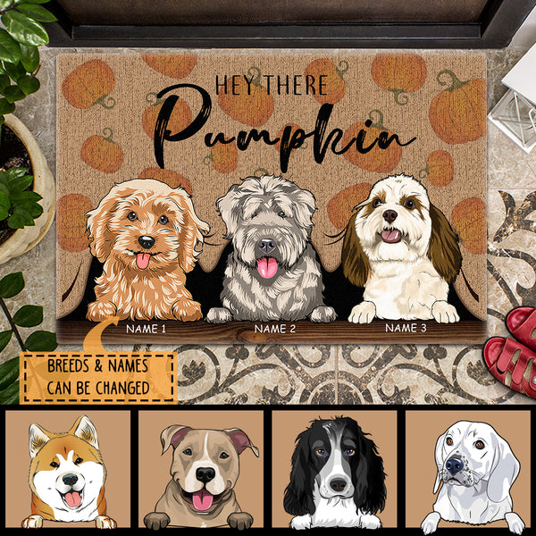Fall Custom Doormat, Gifts For Dog Lovers, Hey There Pumpkin Dog Peeking From Curtain Holiday Doormat