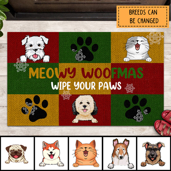 Christmas Personalized Doormat, Gifts For Pet Lovers, Meowy Woofmas Wipe Your Paws Front Door Mat