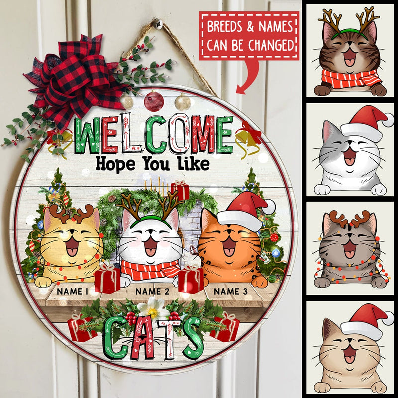 Christmas Door Decorations, Gifts For Cat Lovers, Welcome Hope You Like Cats Colorful Letters With Pine Trees Door Signs , Cat Mom Gifts