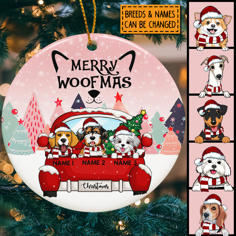 Merry Woofmas Red Truck Pink Sky Circle Ceramic Ornament - Personalized Dog Lovers Decorative Christmas Ornament