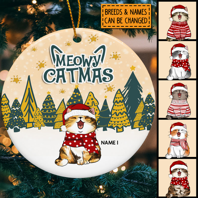 Personalised Meowy Catmas Beige Yellow Circle Ceramic Ornament - Personalized Cat Lovers Decorative Christmas Ornament