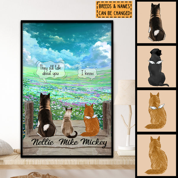 They Still Talk About You, Flower Field, Angle Wings Cat & Dog, Personalized Pet Loss Memorial Poster, Pet Loss Gifts
