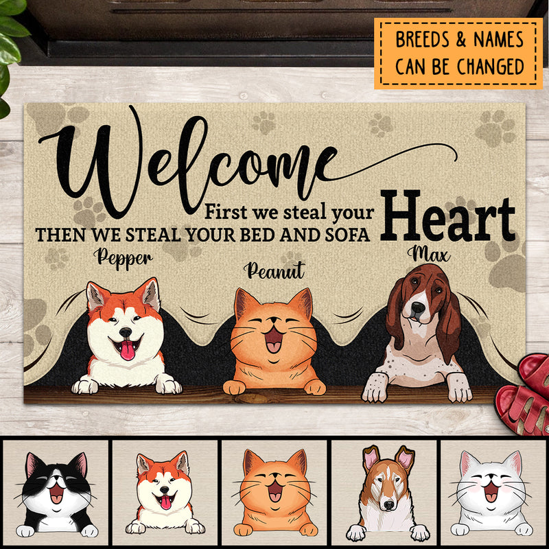 Pawzity Welcome Mat, Gifts For Pet Lovers, First I Steal Your Heart Your Bed And Sofa Outdoor Door Mat