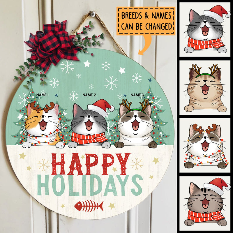 Christmas Door Decorations, Gifts For Cat Lovers, Happy Holiday Mint Green Pine Trees Welcome Door Sign , Cat Mom Gifts