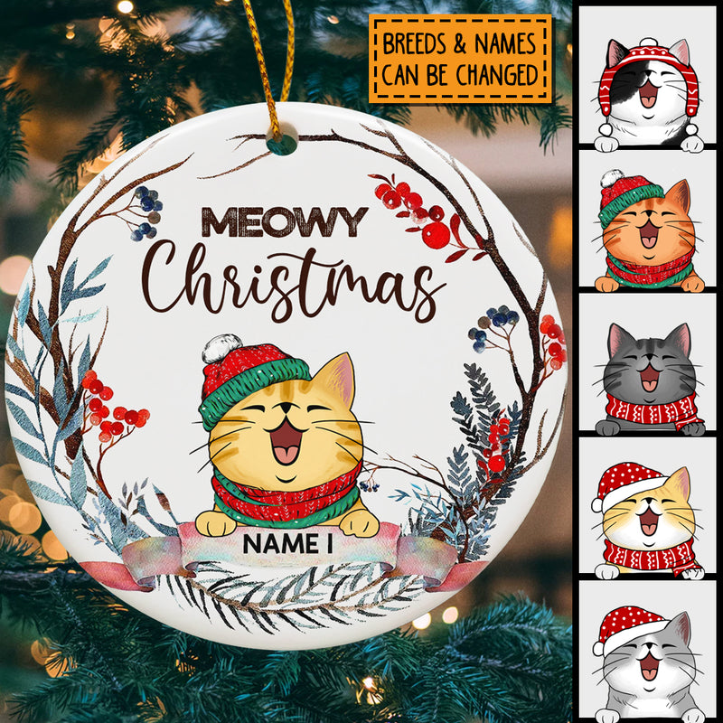 Meowy Christmas Watercolor Banner White Circle Ceramic Ornament - Personalized Cat Lovers Decorative Christmas Ornament